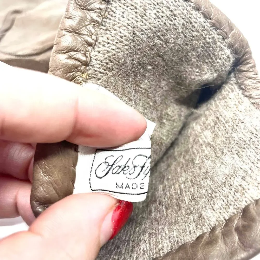 90s SAKS FIFTH AVENUE Vintage Brown Leather Knit Gloves
